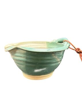 Studio Pottery Batter Bowl Signed Green Glaze Pour Spout Rustic Farmhouse